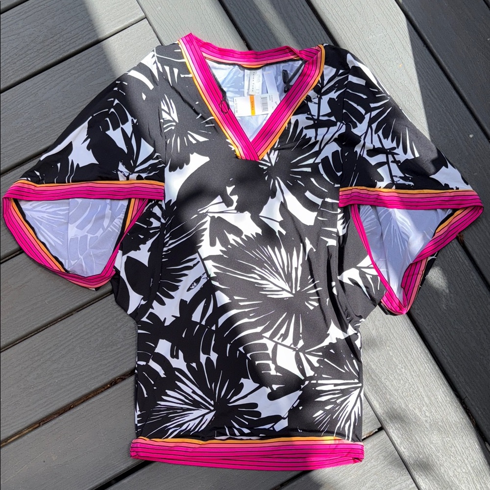 Trina Turk Black and White Floral Swim Coverup with Pink Trim